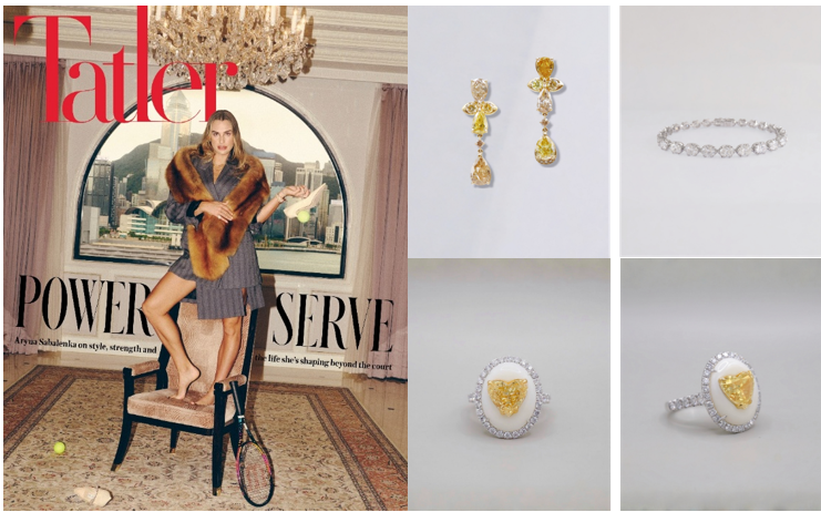 Aryna Sabalenka佩戴來自Claudia Ma Fine Jewellery高級珠寶，18K黃金鑲嵌的天然彩鑽耳環、鑲嵌在白珊瑚及18K白金底座上的黃色心形天然鑽石戒指、18K白金天然鑽石網球手鏈（圖片源自《Tatler Hong Kong》）