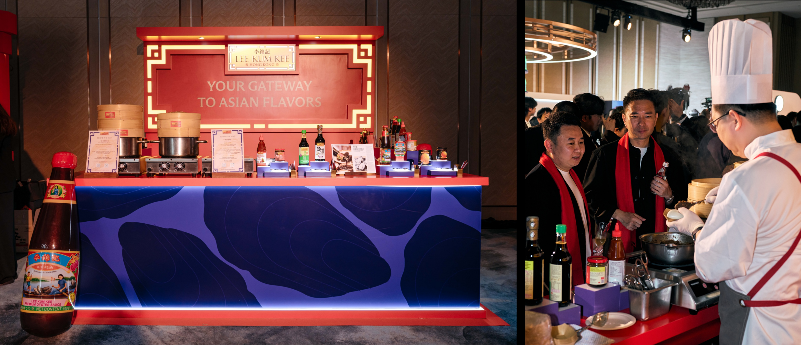 宾客于李锦记展位品尝创意小食，包括牛颊肉刈包及赛螃蟹鲜虾饺，交流烹饪心得。
