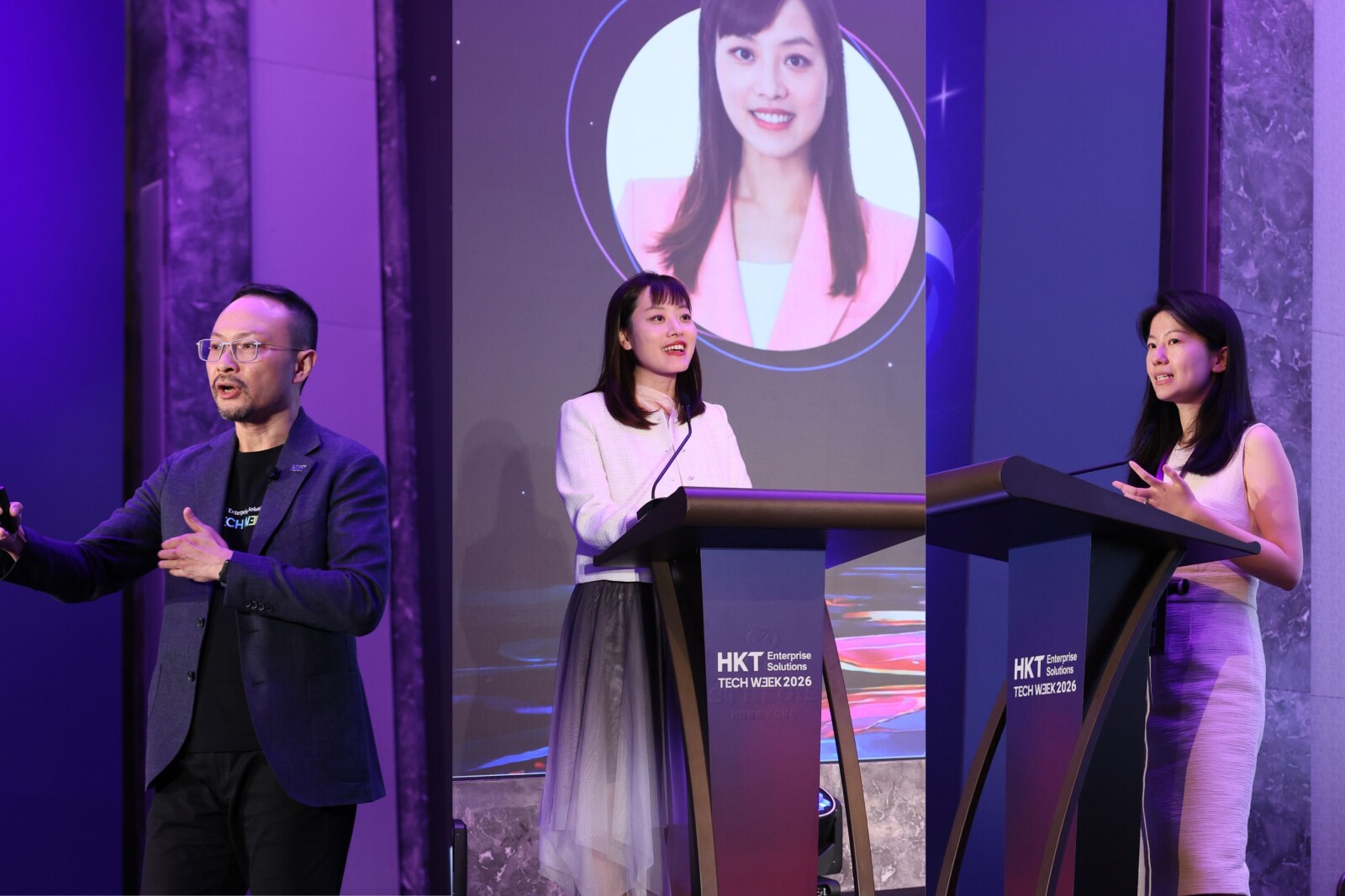 (左起)HKT 商業客戶業務董事總經理吳家隆先生(Steve Ng)、創新科技及工業局副局長張曼莉太平紳士(Lillian Cheong, JP)及 MiniMax 副總裁張煜楠(Yunan Zhang)